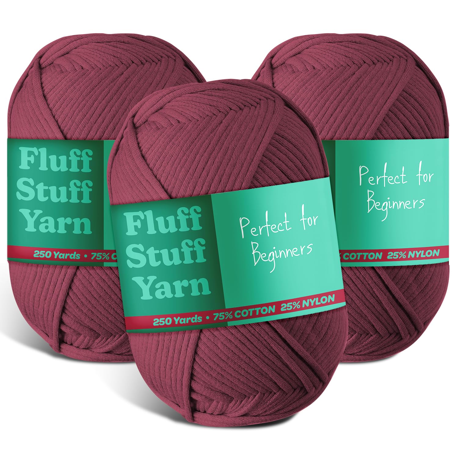 Soft Yarn – Crochet &amp; Knitting Yarn, Beginner Yarn with Easy-to-See Stitches, 3 Pack of 250 Yds Amigurumi Yarn, Cotton-Nylon Blend Tshirt Yarn, Worsted Weight Yarn 4, Berry Yarn