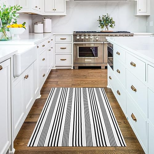 Miniatura 5 de KILOCOCO Alfombra a rayas beige  Tapete de 3 x 5 pies para puerta delantera al aire libre, tapete de bienvenida para exteriores, tapete de algodón