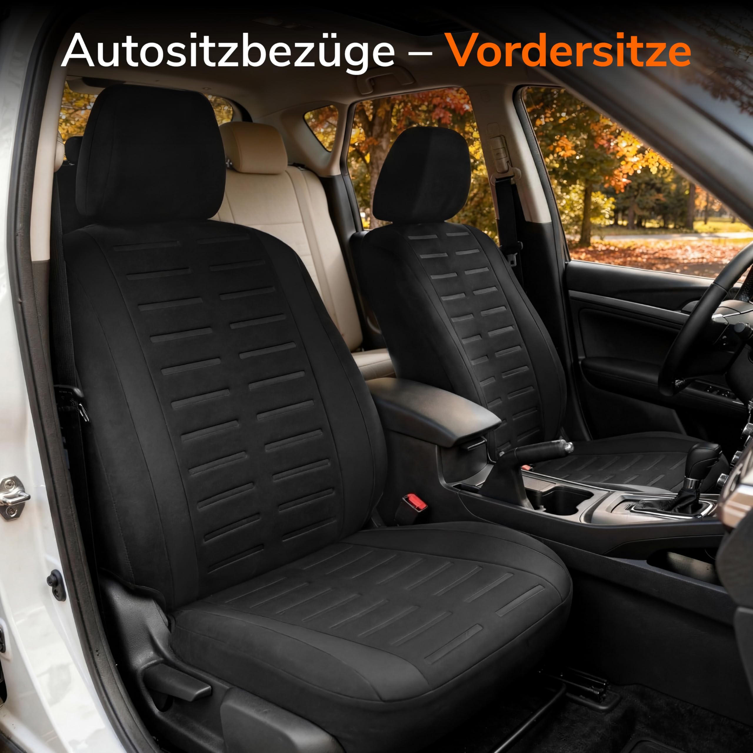 Upgrade4cars Autositzbezüge Set für die Vordersitze Version 2026 | Auto-Schonbezüge Universal in Schwarz für Fahrersitz & Beifahrer | Autozubehör Innenraum Deko