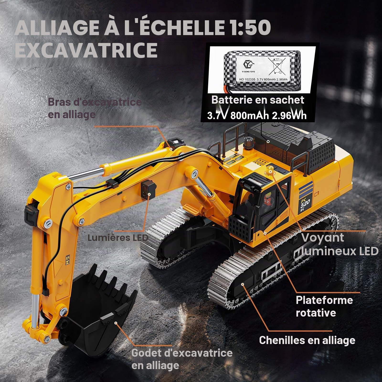 Pelleteuse télécommandée 1:50 en métal, Mini Pelle RC avec Tourelle à Rotation illimitée, Godet en métal, chenilles métalliques, télécommande LCD 2,4 GHz, 2 Batteries, RTR, pour bac à Sable