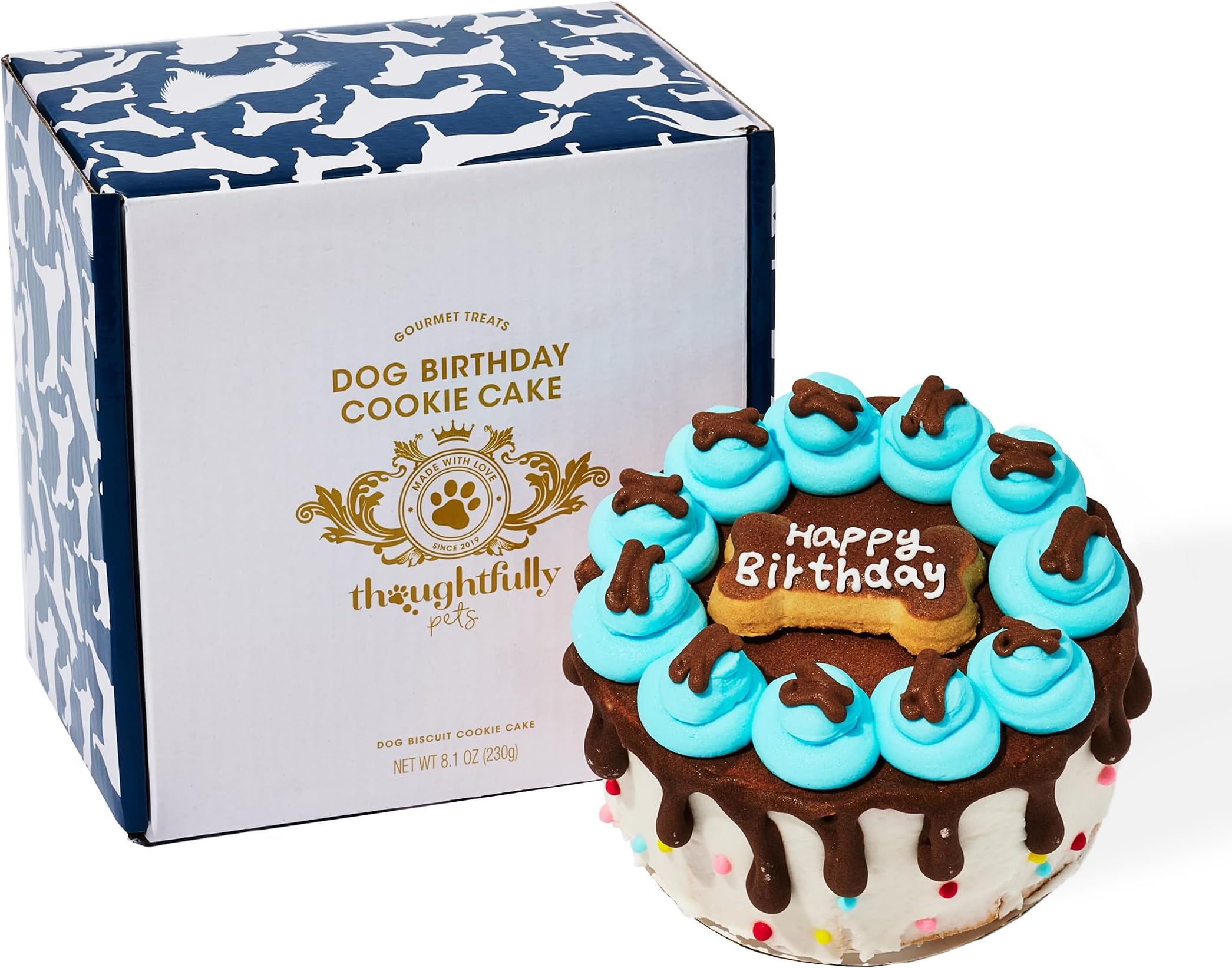 Thoughtfully Pets, Dog Happy Birthday Mini Cookie Cake, Blue, Peanut Butter Flavored, Hand Decorated Hollow Biscuit Cake for All Dog Breeds