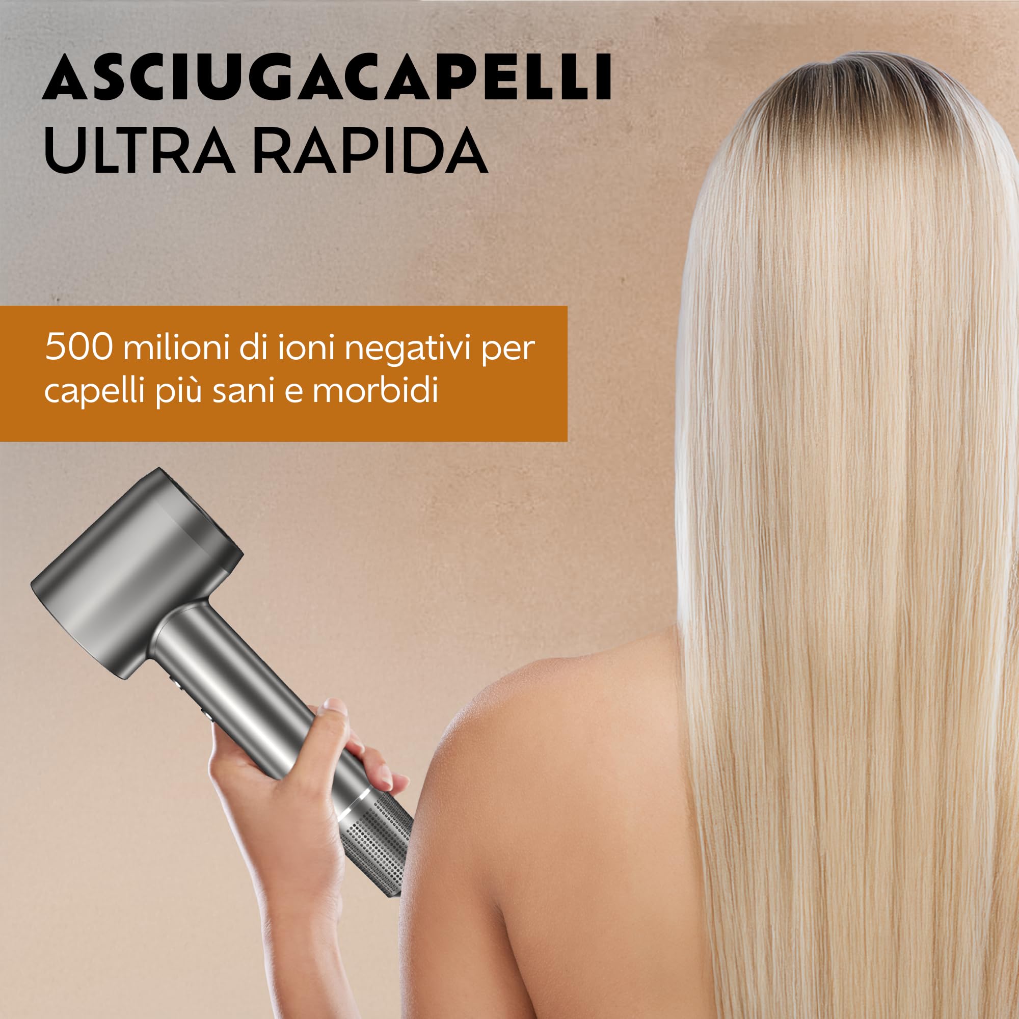 Phon Professionale con Diffusore per Capelli Ricci & Concentratore, Asciugacapelli Ionico 1600 W, 150.000 giri/min, 130 km/h, 500 Milioni di Ioni Negativi, Display Digitale
