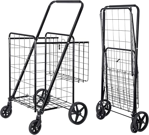 Miniatura 1 de SUPER DEAL Carrito de compras plegable con ruedas y cesta doble para comestibles, lavandería, libros, equipaje, viajes, color negro