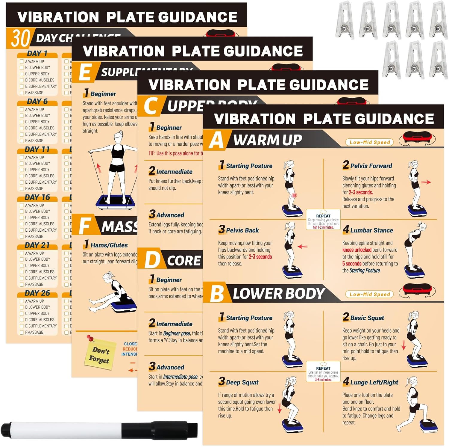4PCS Vibration Plate Workout Poster Set-3 Exercise Wall Charts & 1 30-Day Planner & 8 Double-Sided Clips, Whole Body Vibrating Exercise Chart, for All Vibration Machines Home Gym Fitness Recovery