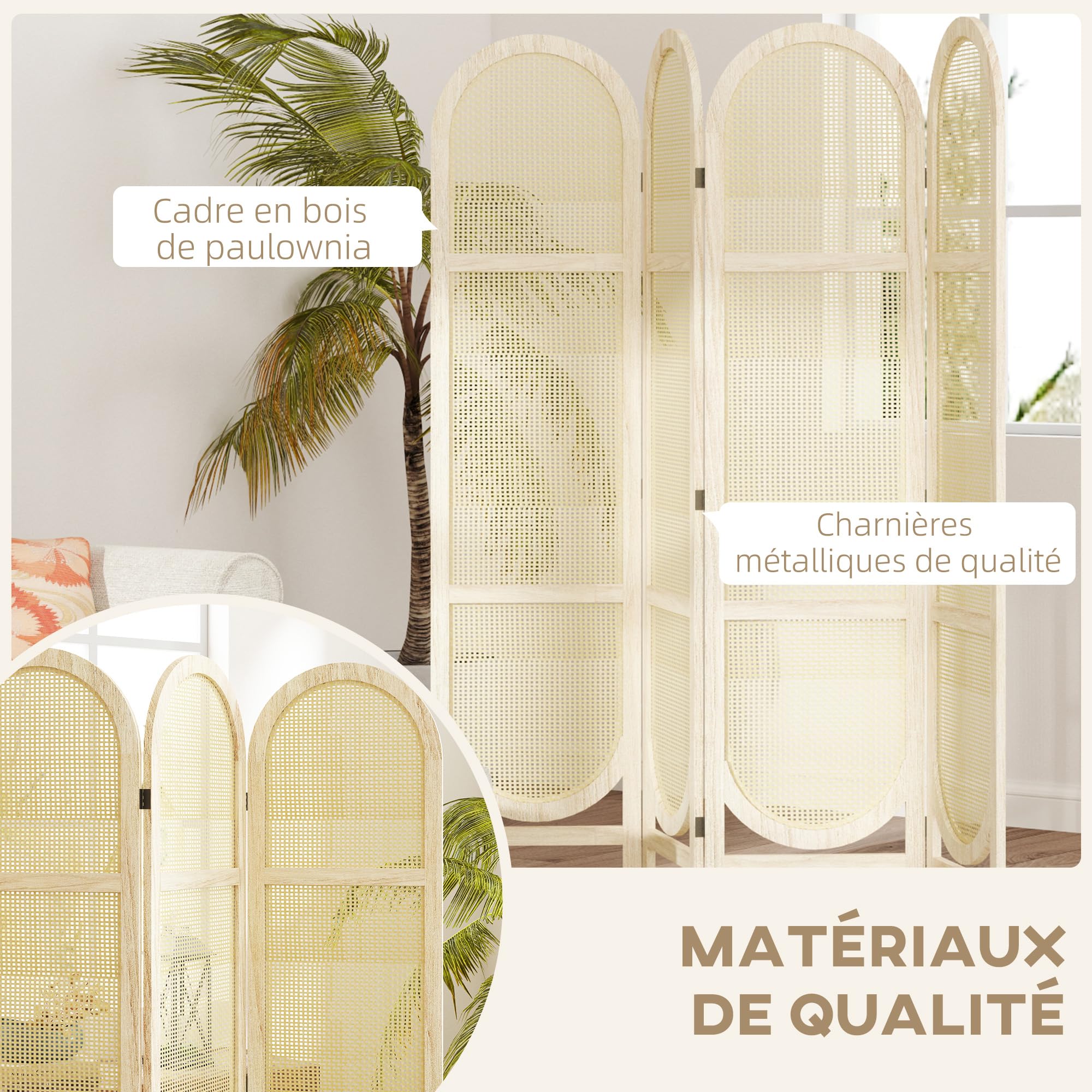 HOMCOM Paravent Interieur en Bois 4 Panneaux 170 x 160 cm séparateur de pièce Pliable et Portable, Motif tissé à la Main, cloison de séparation pour Salon Chambre à Coucher Maison, Bois Naturel