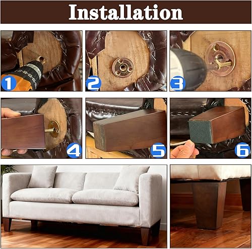 Miniatura 6 de Juego de 4 patas de madera para muebles, patas de sofá de 4 pulgadas, patas cuadradas de color marrón, patas de silla de mediados de siglo, patas de