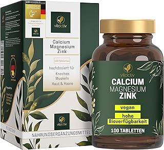 VITACTIV Calcium Magnesium Zink Tabletten - Mineralkomplex hochdosiert für Knochen, Muskeln, Haut & Haare - Calciumcitrat, Magnesiumcitrat und Zinkcitrat - Hohe Bioverfügbarkeit, Vegan - 100 Stück