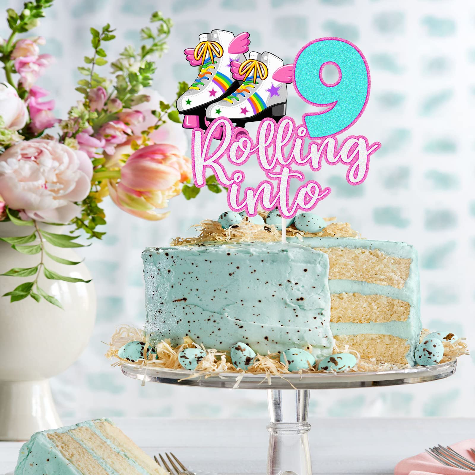 Rolling Into 9 Cake Topper – Glitzernde Rollschuhe, Ca. 17.5x13.7 Cm, Für 9. Geburtstagsparty