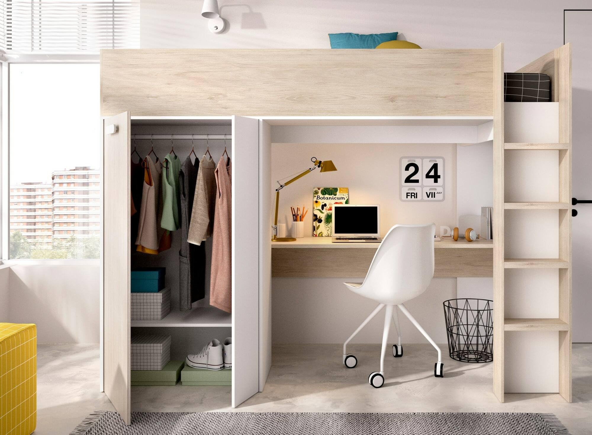 Dmora - Composizione camera da letto Focoletta, Stanza da letto completa, Cameretta per bambini, Set per arredo a ponte, 206x111 h178 cm, Bianco e Rovere