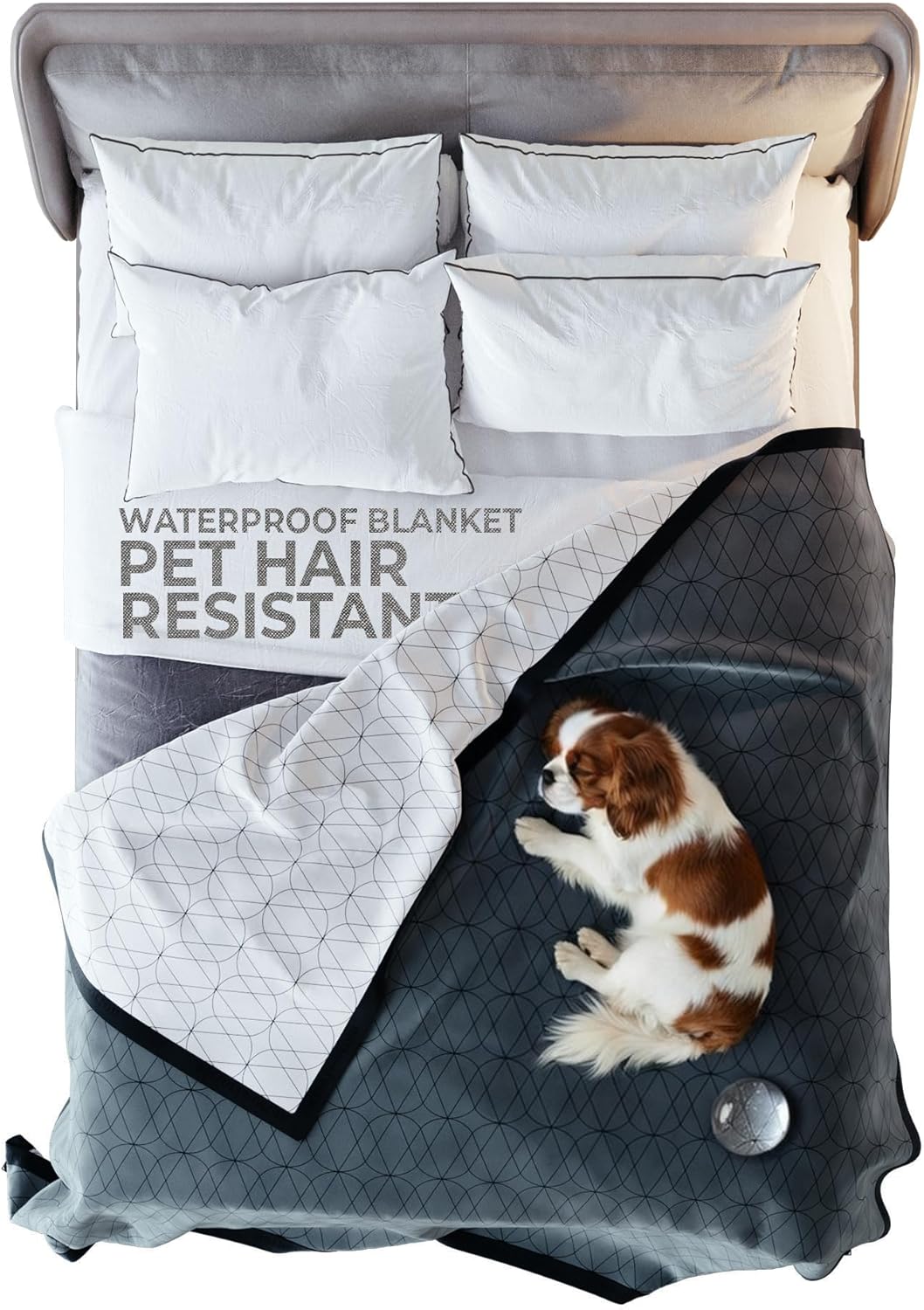 Waterproof Dog Blanket for Bed – 90x90 Inch King/Queen Size – Pet Hair Resistant Blanket for Small to Large Dogs – Washable, Leakproof, Reversible Bedspread for Bed Protection – Blue/White