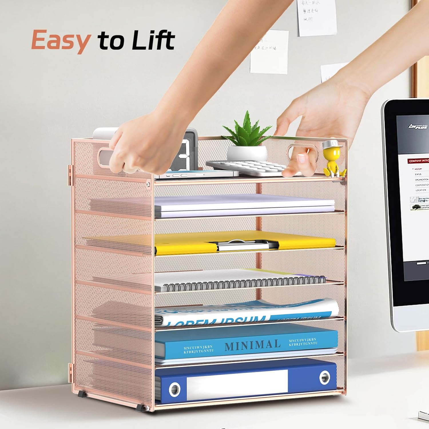 7 Tier Paper Organizer - Mesh Desktop File Holder with Handles for Office School Desk (Rose Gold)