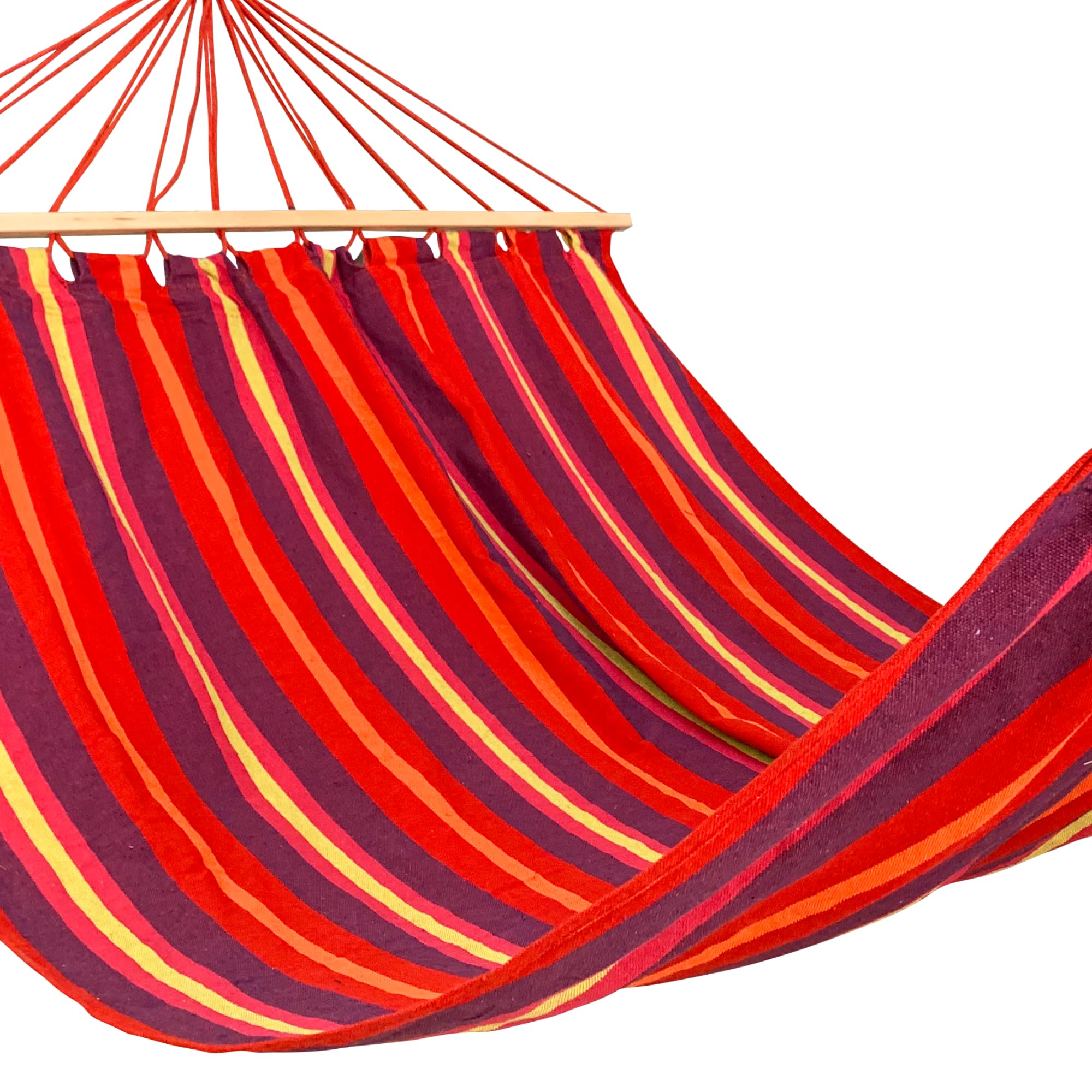 Hamac avec barre d'écartement – 200x140cm – Rayé rouge – 1 personne – Incl. 2 crochets, corde et sac de rangement