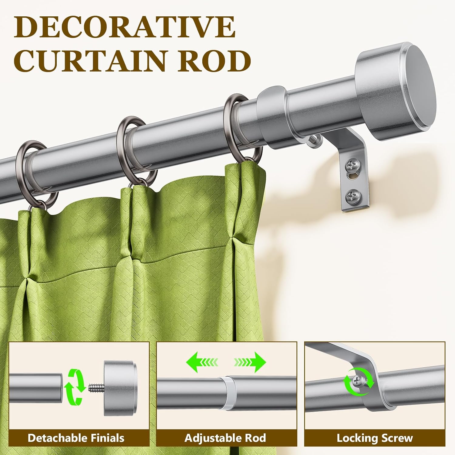 2 Pack Curtain Rods for Windows 32-60 Inch, 1 Inch Adjustable Silver Curtain Rod Set with Brackets, Easy Install