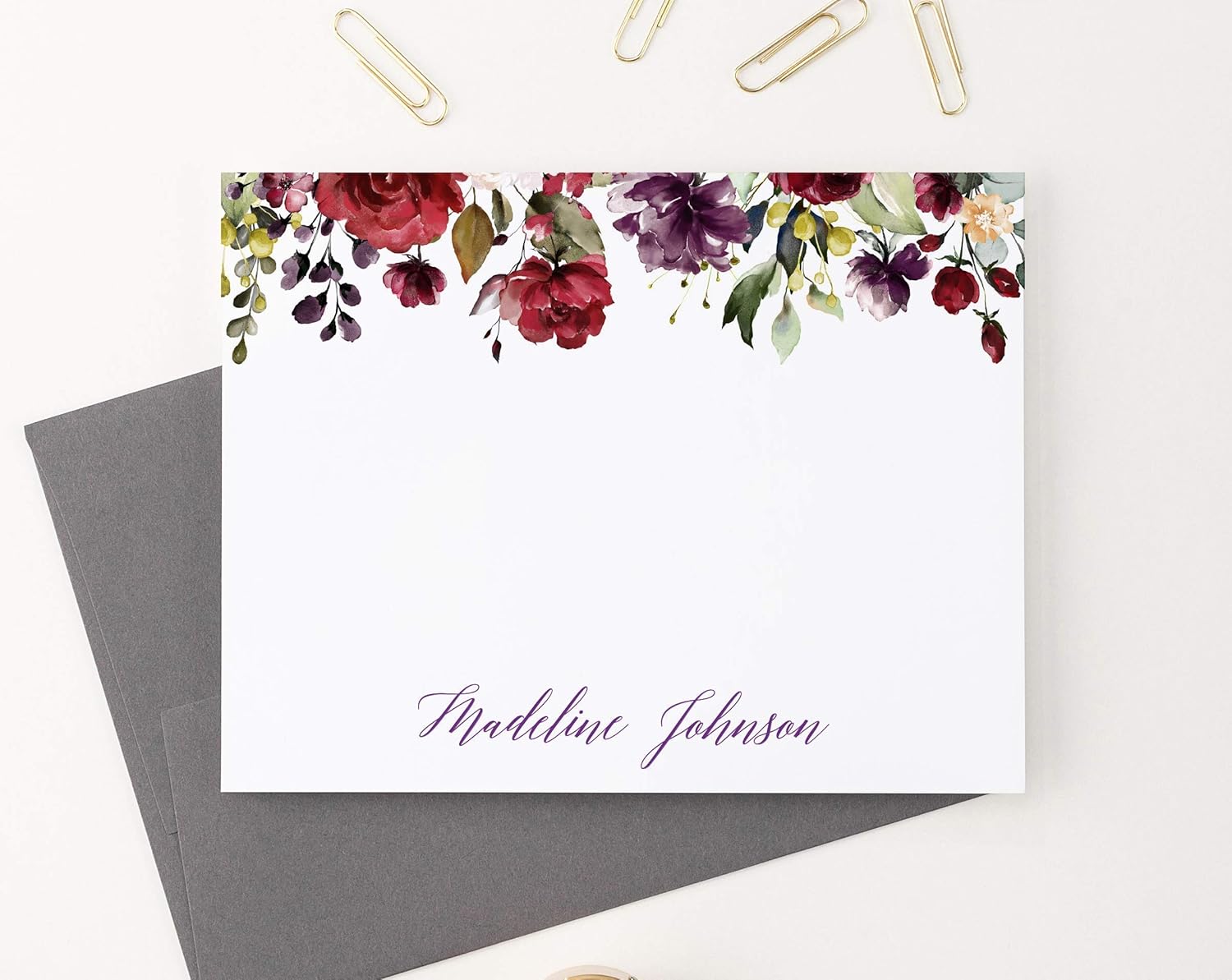 Personalized Floral Stationary with Envelopes FLAT OR FOLDED NOTE CARDS, Personalized Floral Notecards for Women, Personalized Floral Stationery Set for Women, Your choice of Colors and Quantity