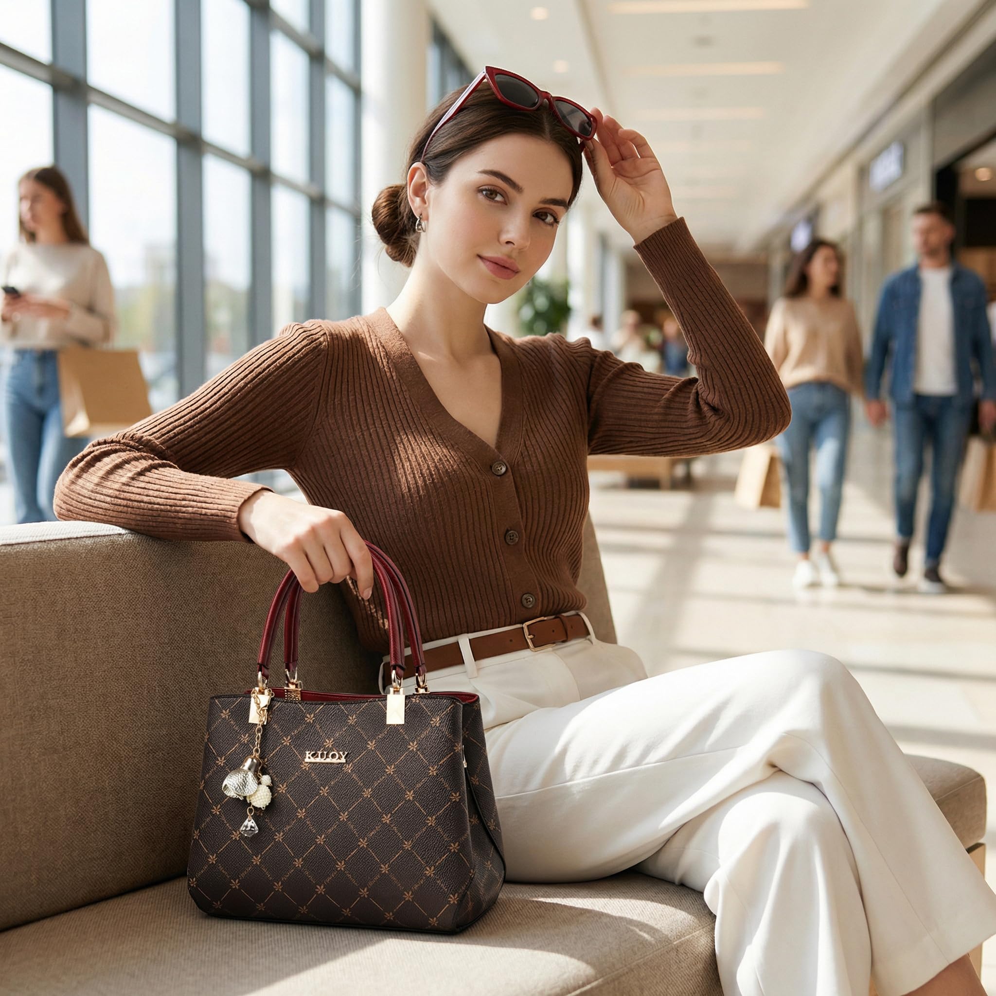 Bolsos de Mujer Moda Bolso de Mano con Estampado de hoja de arce Piel PU Bolso Bandolera Shopper Bolsos de Hombro con colgante para Trabajo Viajes Compras