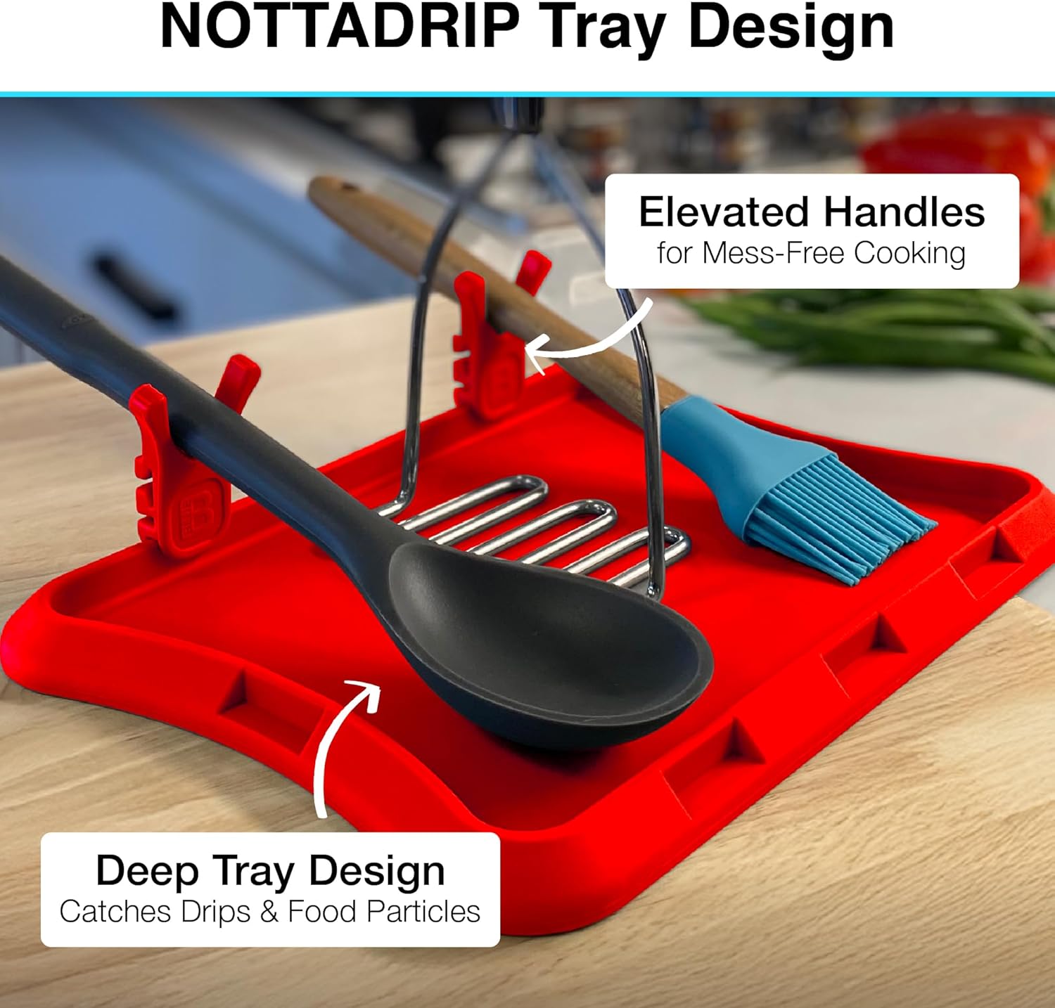 Nottadrip Silicone Spoon Rest for Stove Top - Kitchen Spoon Rest for Countertop, Ladle Holder, All in 1 Serving Station, Elevate Handles, Drip to Tray, Mess Free - 3PC Set No Trivet - Red