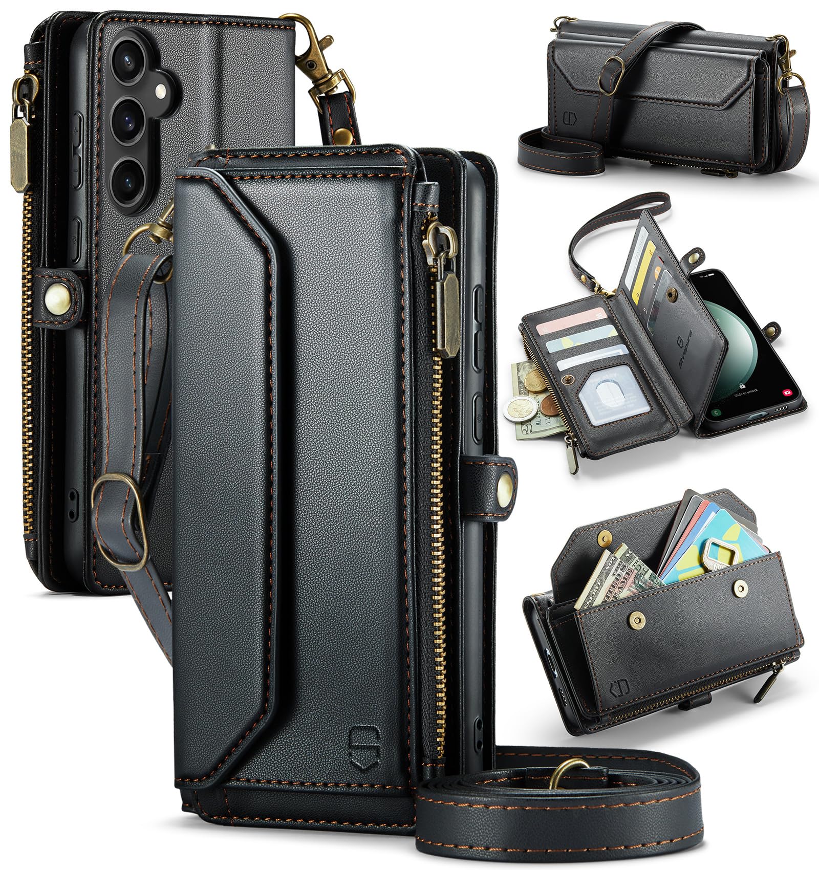 Strapurs Crossbody Wallet Case Compatible with Samsung Galaxy S23 FE 5G RFID Blocking 10-Card Holder Soft PU Leather Magnetic Snap Strap Zipper Pocket