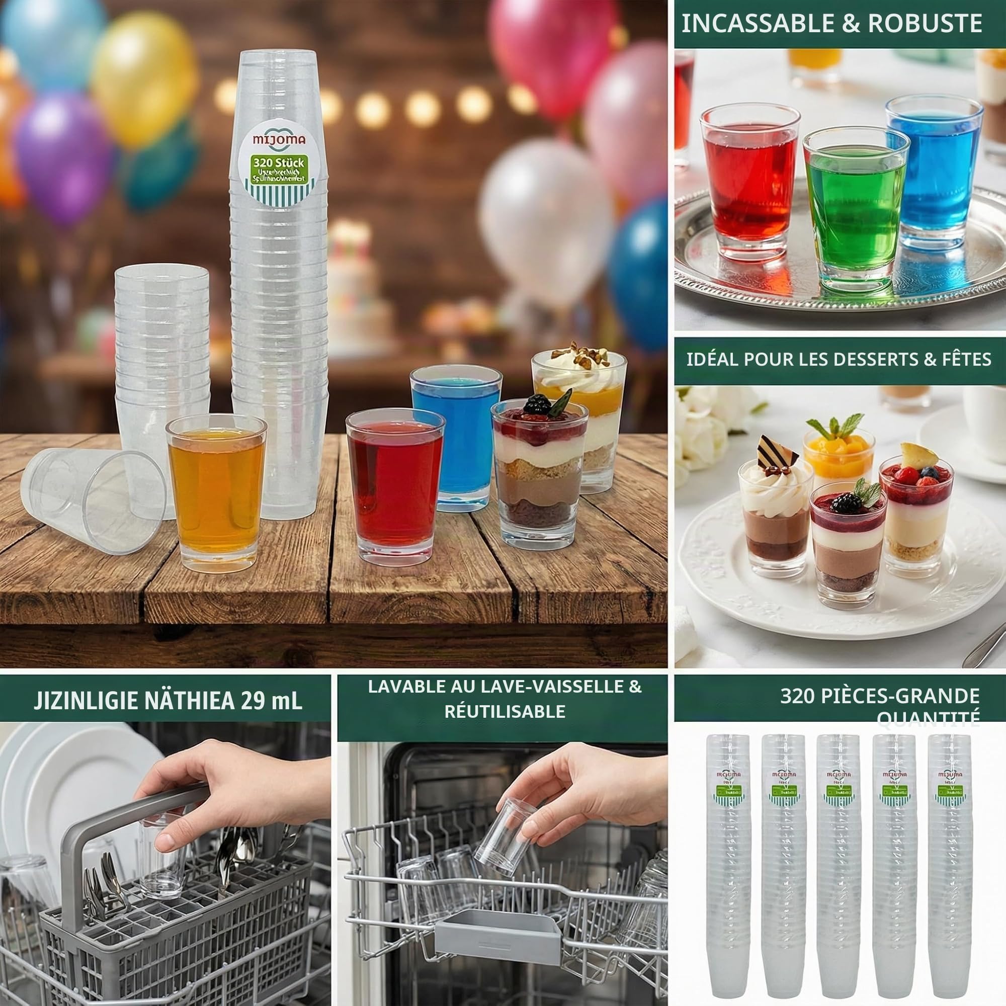 MIJOMA Lot de 320 verres à liqueur incassables en plastique robuste, verres à shot Jello, desserts, fête, mariage, anniversaire. Passe au lave-vaisselle, réutilisables, 29 ml (Transparents)