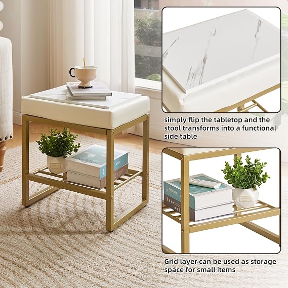 Aibiju Square Dressing Table Stool, Vanity Chair Stool with Adjustable Feet and Storage Space, Small Makeup Stool Bench for Vanity, Bedroom, Living Room, White with Gold Metal YD-JD150W