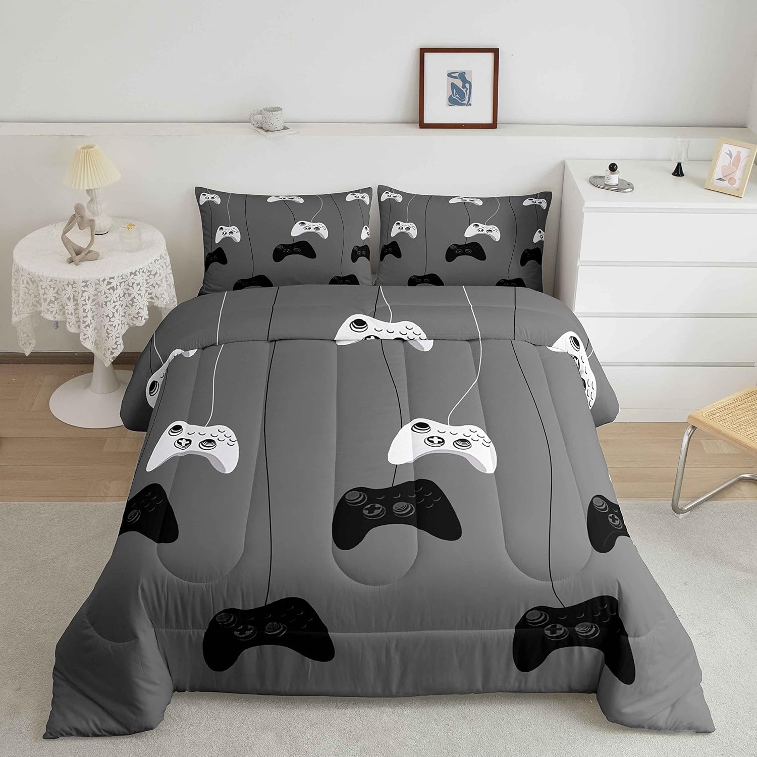 Feelyou Gamer Comforter Set for Boys Teens Kids Game Headphones Keyboard Mouse Gamepad Duvet Cover Full Size Black Red Gaming Bedding Set Game Peripherals Decor Quilted Duvet Set with 2 Pillow Shams