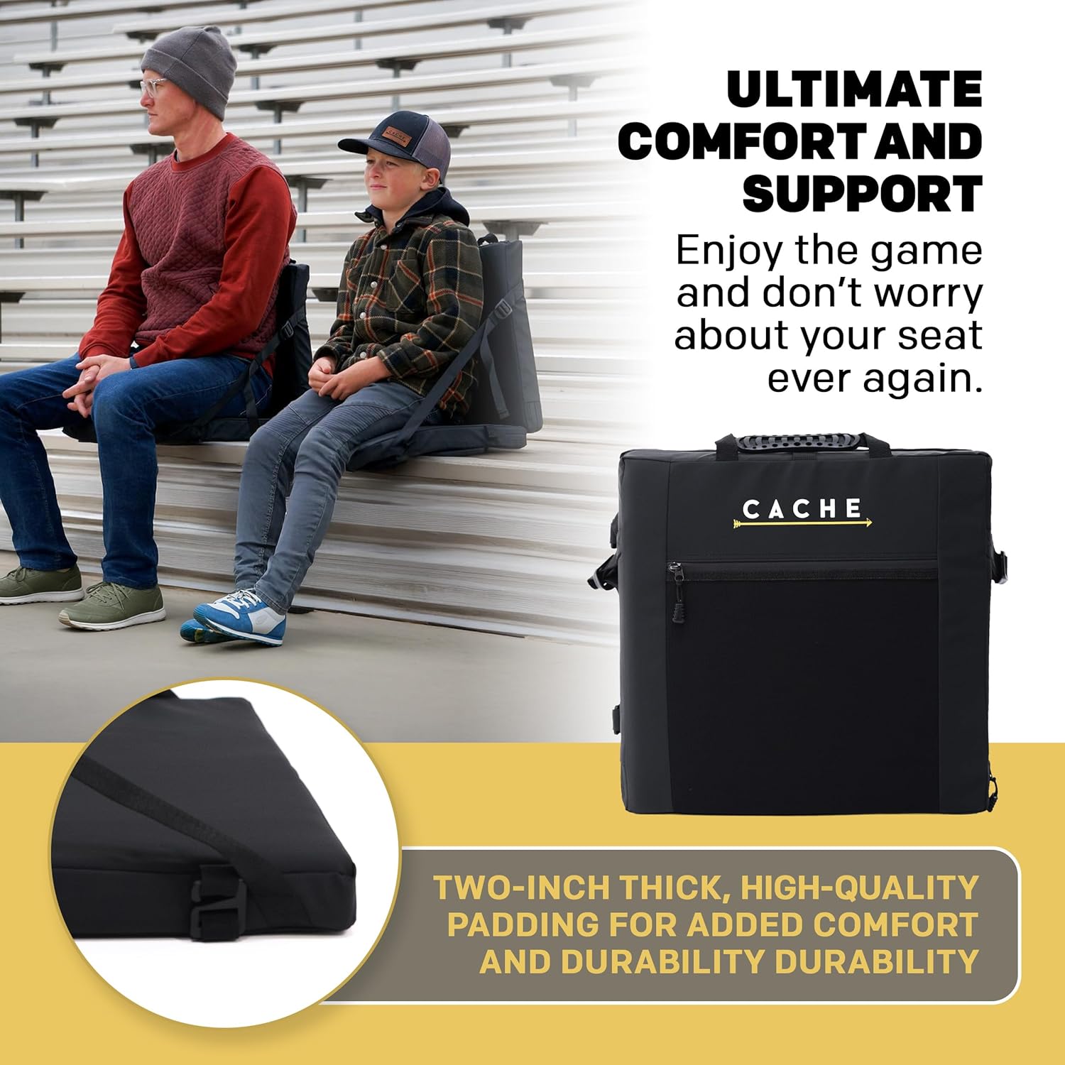 Cache Stadium Seat with Back Support – Portable Bleacher Chair, Reinforced 2" Cushion, Lightweight Foldable Design with Storage Pocket
