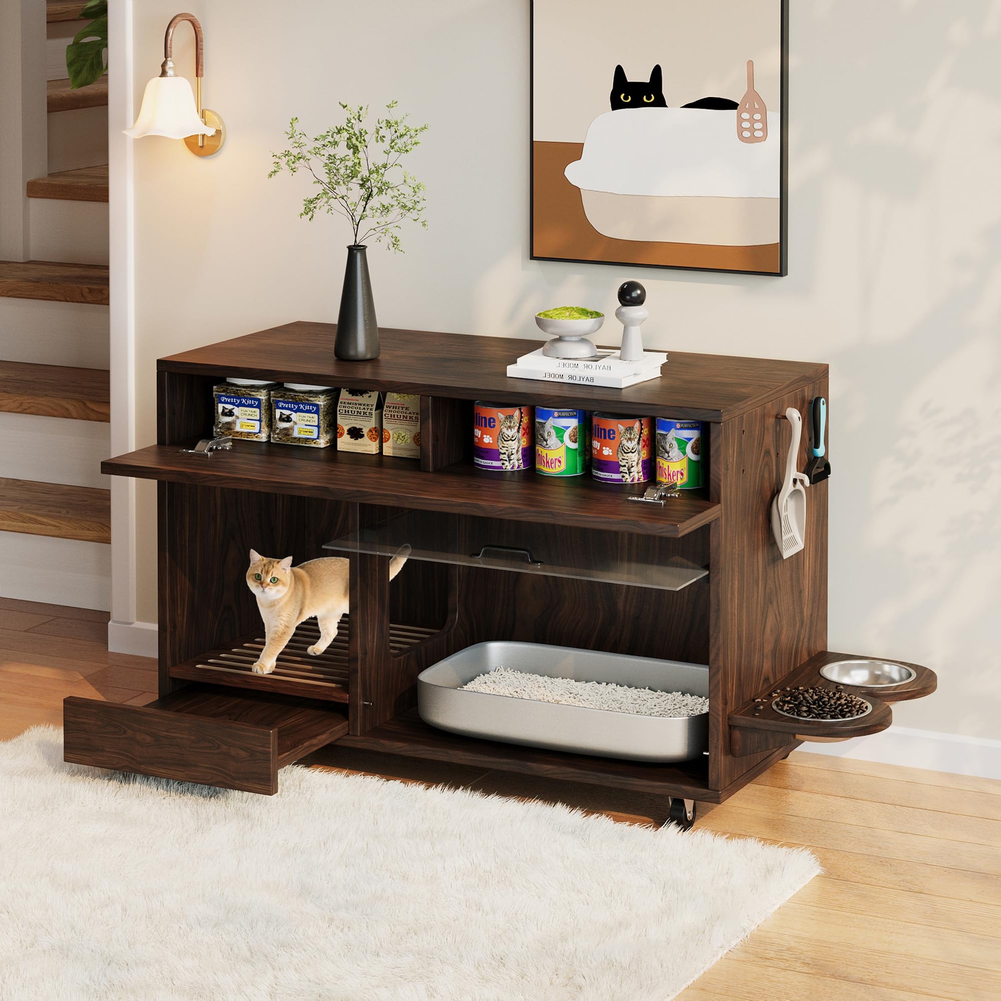 Katzenklo-Schrank, Bewegbar mit Sandauffangschale & Futterstation, Katzentoilettenschrank mit Lochplatte & Aufbewahrungsregal für Katzenzubehör, 100x45.5x67cm Nussbaum