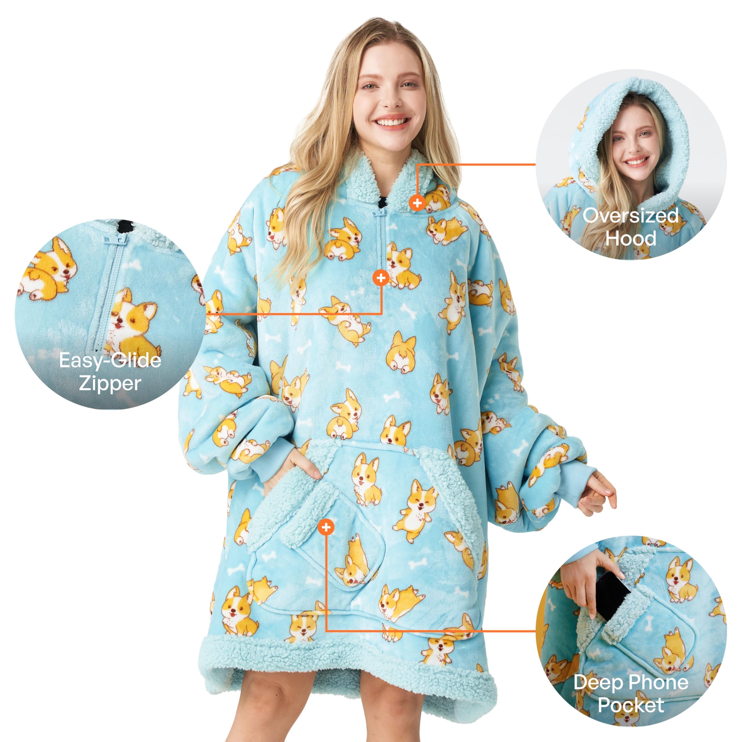 Giggling Getup przenośny koc z kapturem – oversizowa flanelowa bluza-koc z polaru Sherpa dla dorosłych, dzieci, kobiet i mężczyzn, Erwachsener