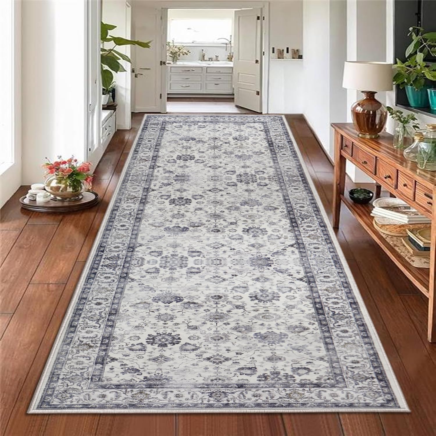 Hafaa Machine Washable Runner Rugs for Hallway Non- Slip Large Bedside Rug 80x150 cm – Traditional Pattern Bedroom Carpets for Living Room, Lounge (Serene)