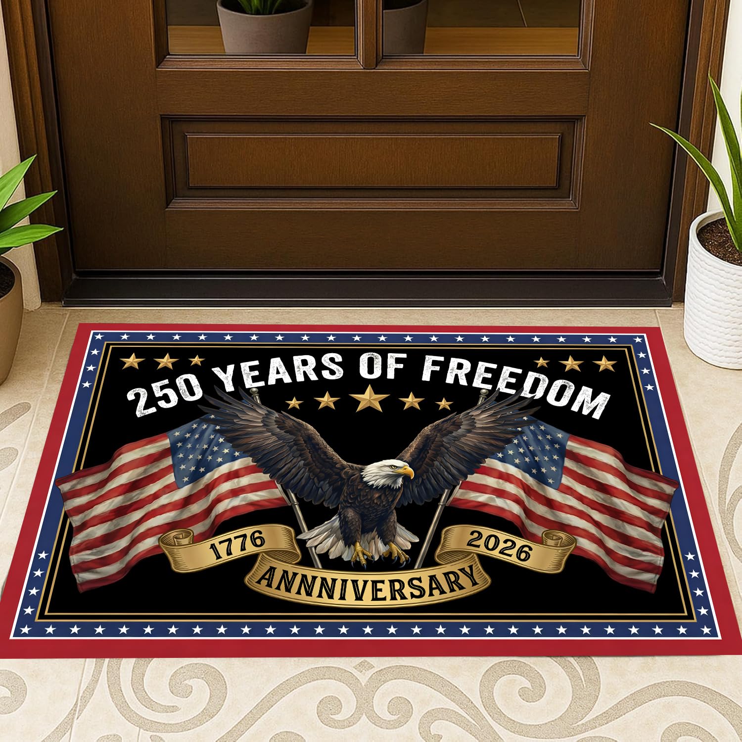 Photo 1 of Apear1 America 250th Anniversary Door Mat, 4th of July Vintage Patriotic Doormat with Bald Eagle & Stars, 17"x29" Non-Slip Independence Day Memorial Day Porch Front Outdoor Decor (Black)
