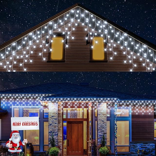 cshare Christmas Icicle Lights Outdoor, 360 LEDs 11.5m/37.7Ft Icicle String Fairy Lights Mains Powered with 8 Modes,Memory, Timing,Waterproof for Window,Roof,Wall,Home Xmas Decorations,Cool White