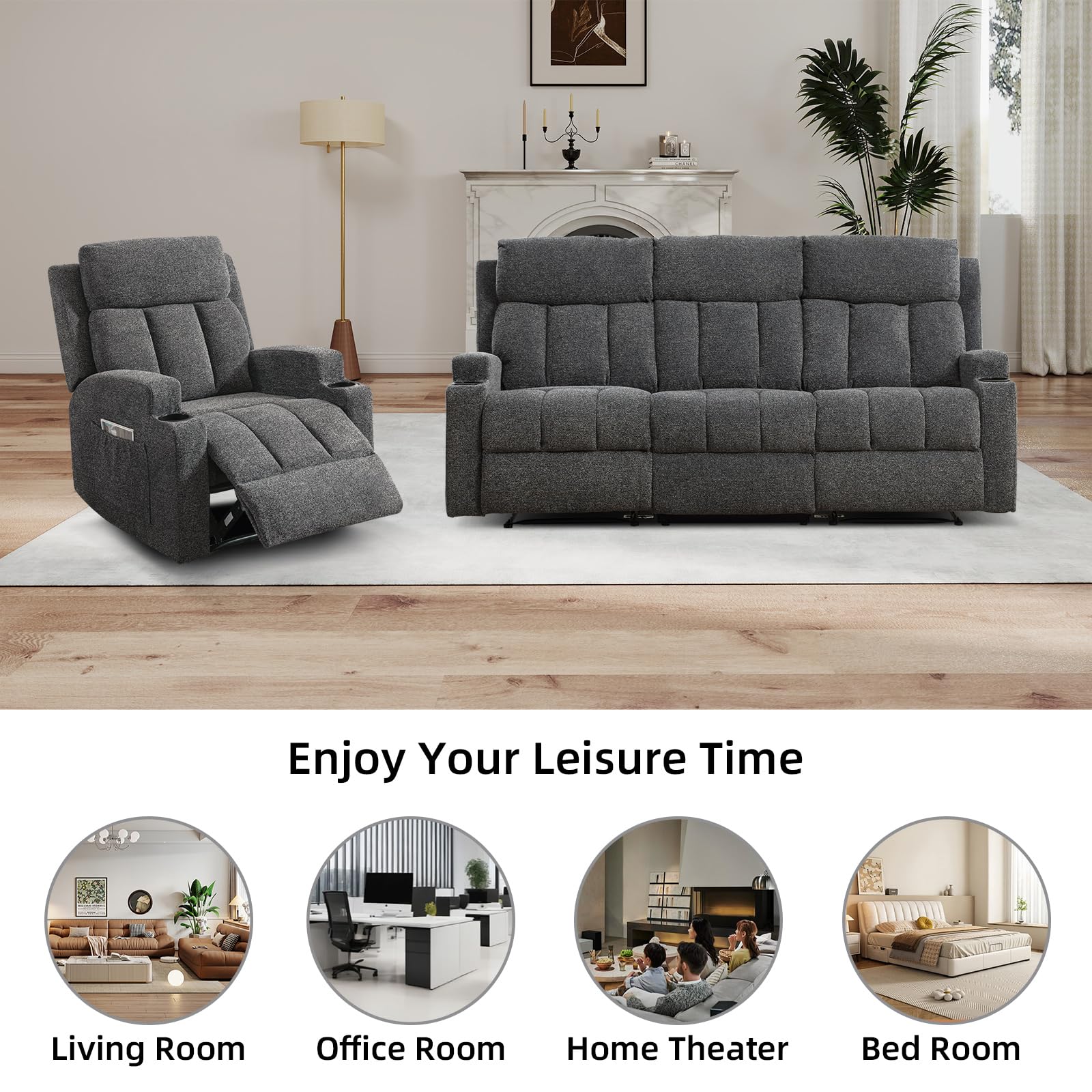 CANMOV Manual Recliner Sofa Set, Fabric Recliner Living Room Furniture Sets, 1 Seat Reclining Chair and a 3 Seat Sofa Furniture Set with Side Pockets and Cup Holders, Dark Grey view 9