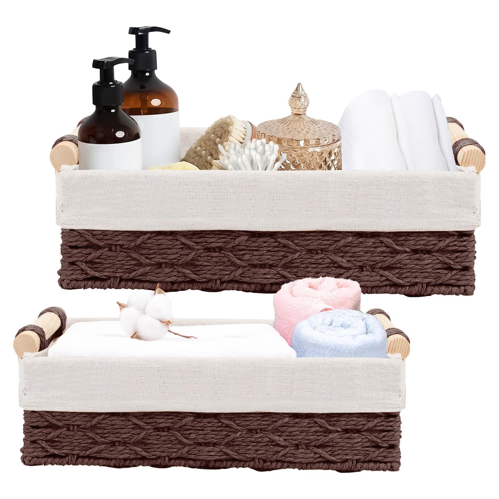 Cestini Bagno Portaoggetti, Set di 2 Cesto Portaoggetti Intrecciato con Maniglia, Cestino Vimini Piccolo, Scatola di Stoccaggio del Bagno, Impilabile, Adatti per Bagno, Camera da Letto e Armadi