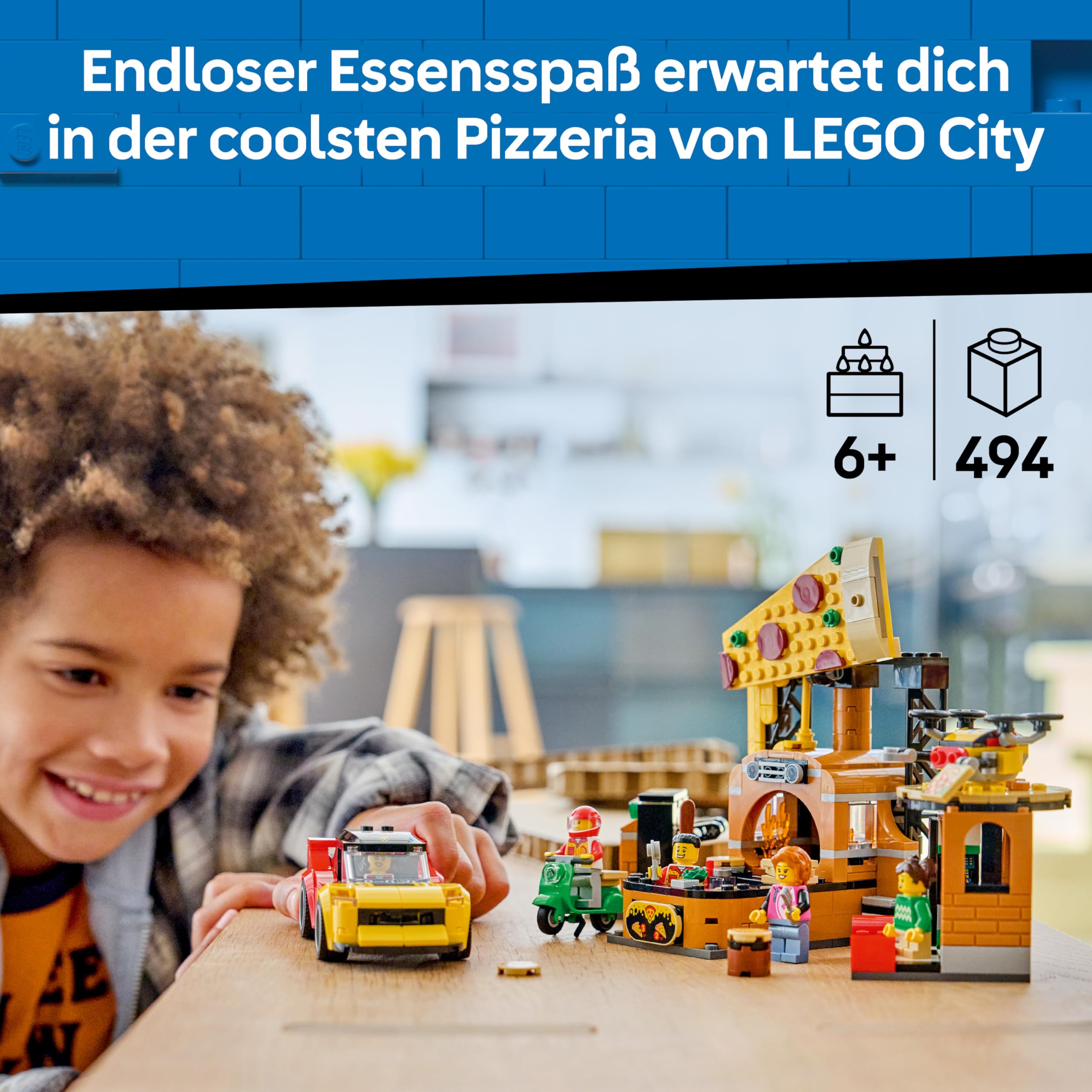 LEGO City Pizza-Liefererlebnis mit Fahrzeugen - inkl. Spielzeugauto, Roller, Drohne, Arcade-Automat und 4 Minifiguren - Geburtstagsgeschenk für Jungen ab 6 Jahren - 60496