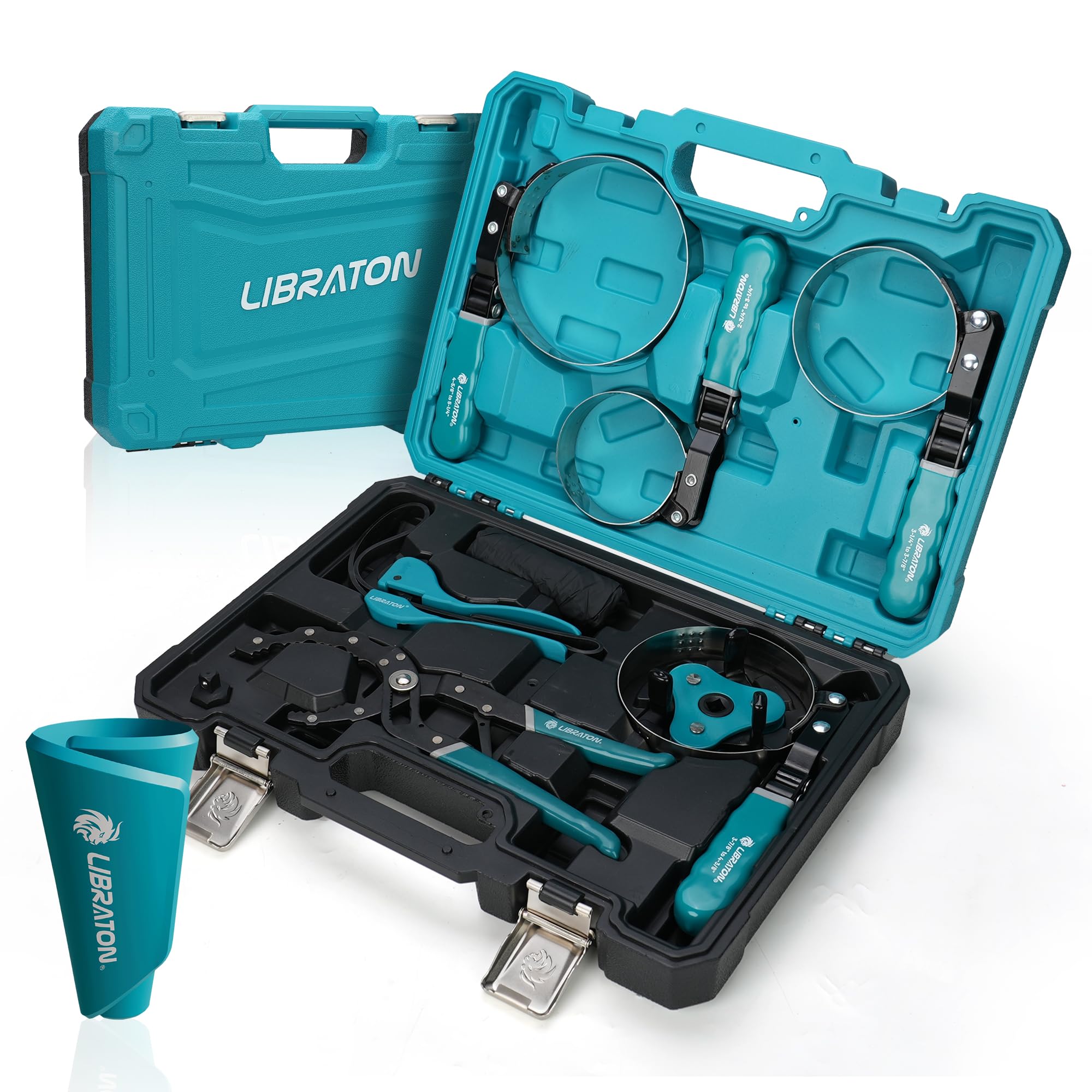 LIBRATON Juego 11 Piezas Llaves Filtro Aceite, con 4 Llaves Banda Giratorias (7-13.3cm), Alicates Ajustables 30,5cm, Herramienta Extracción 3 Mordazas Universal con Adaptador 1/2" a 3/8", Llave Correa