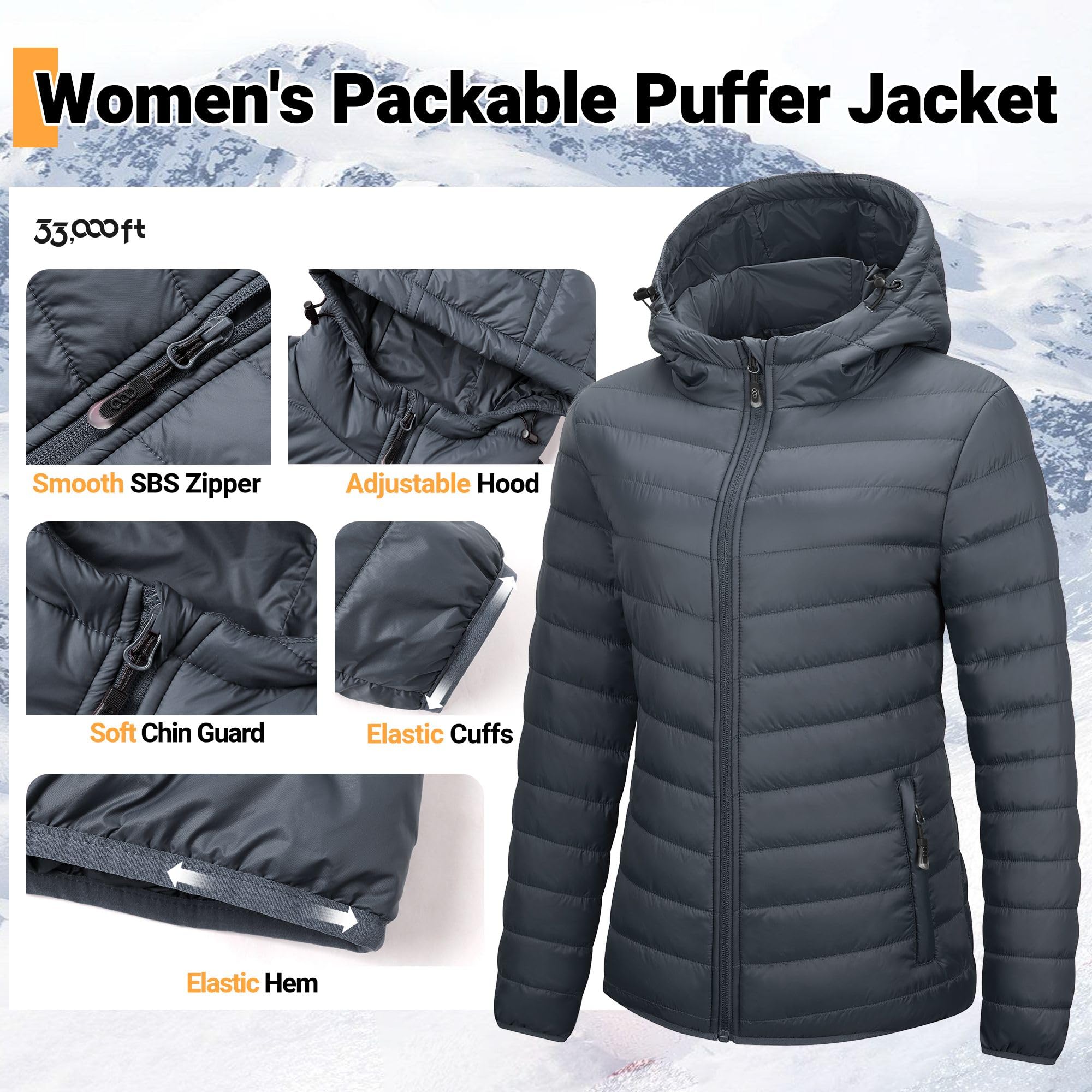 33,000ft Chaqueta acolchada con capucha para mujer, ligera, cálida y acolchada