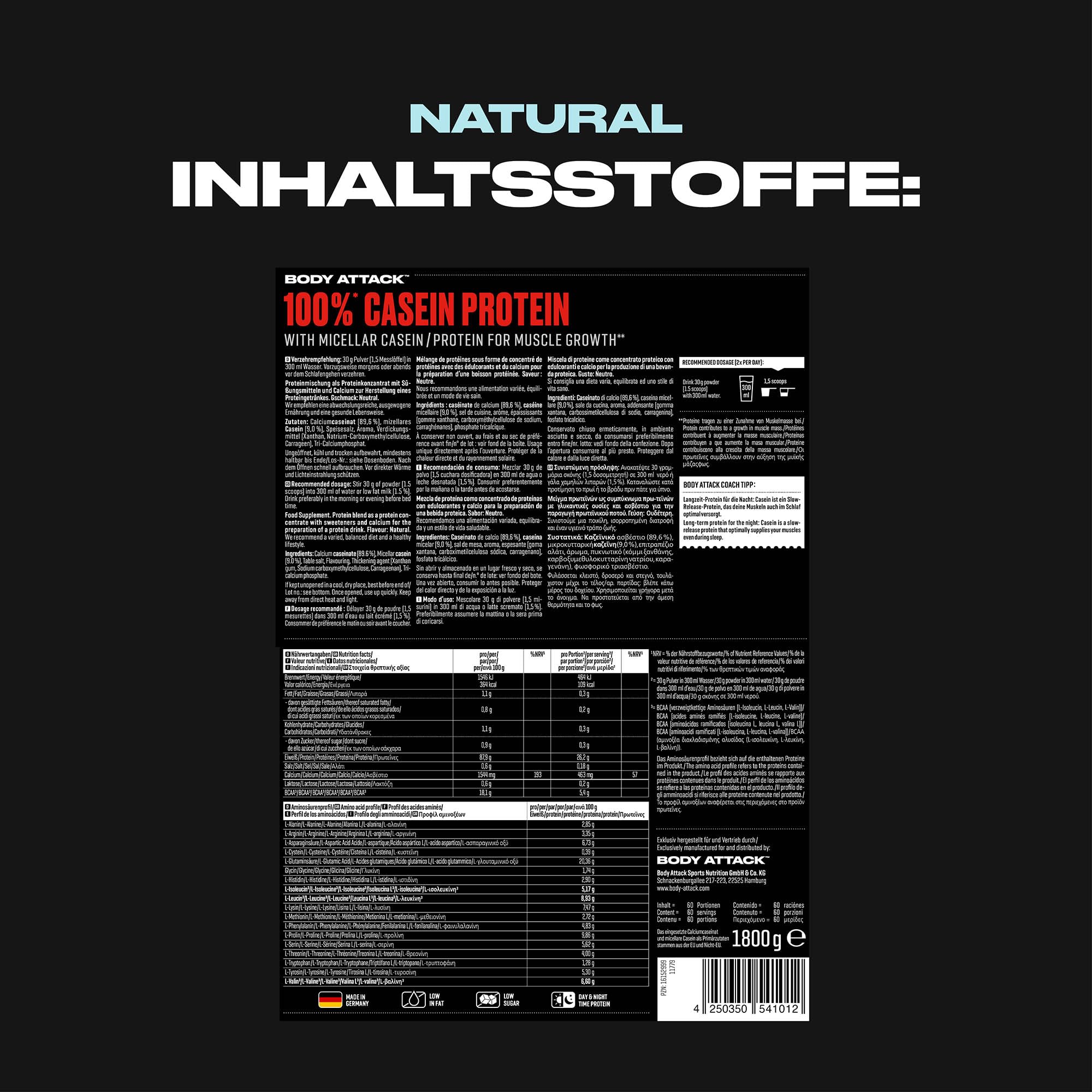 Body Attack 100% proteine caseina, naturale, 1,8 kg di proteine in polvere – ricco di aminoacidi essenziali – costruzione muscolare e conservazione