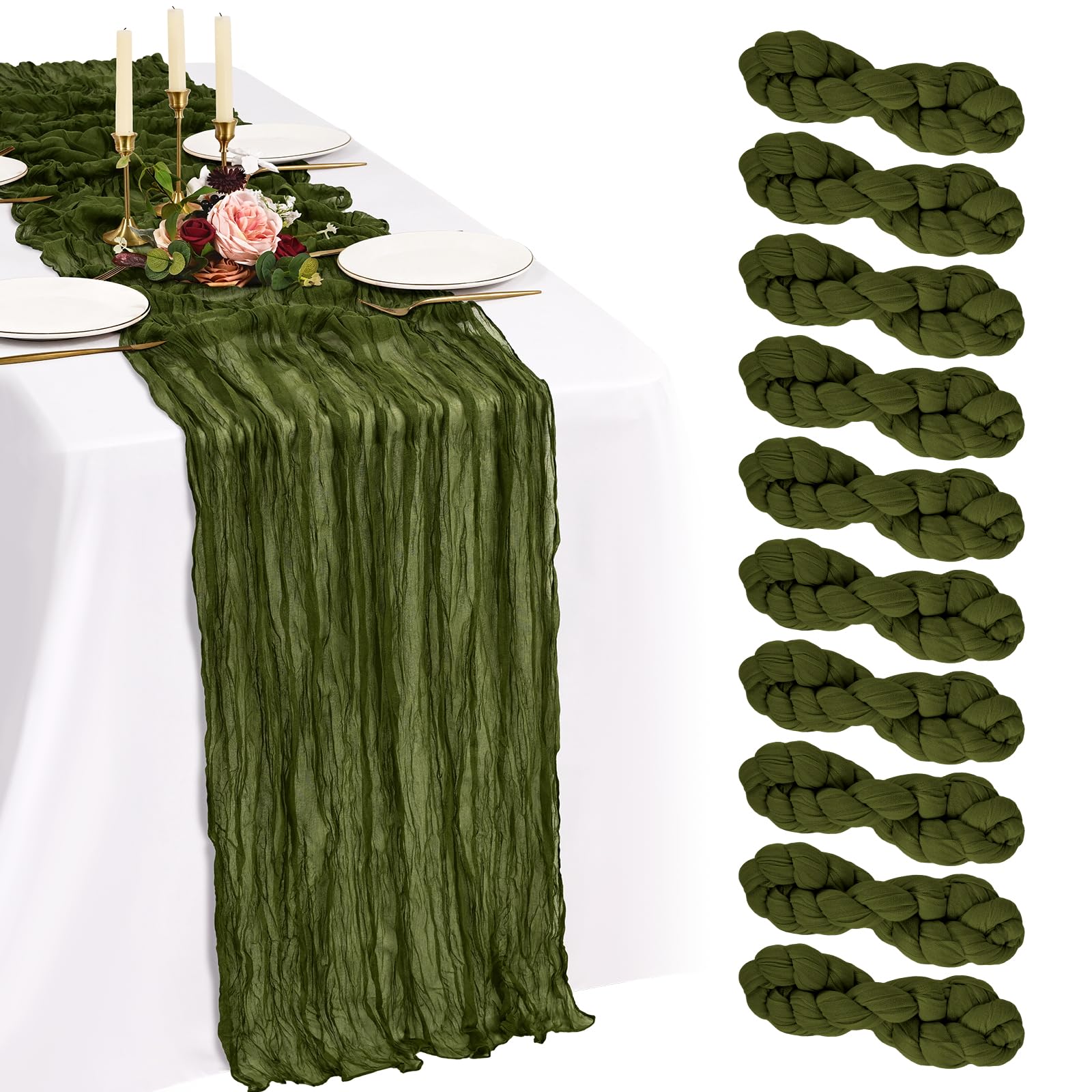 Showgeous Olive Green Cheesecloth Table Runner 90x300cm, Boho Gauze,10 Pack