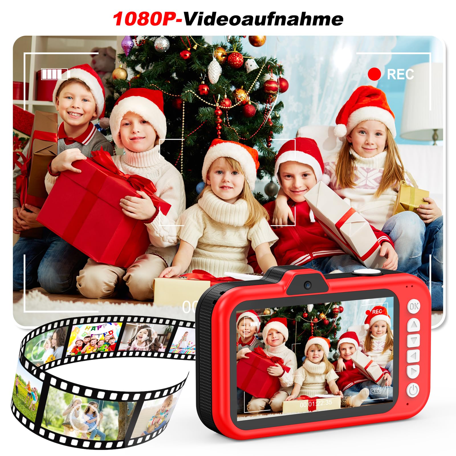 Kinderkamera | 3,5 Zoll großer Bildschirm | 360° drehbares Zoomobjektiv | 1080P HD Kamera für Kinder mit Selfie | LED-Blitz | SD-Karte 32G | Geschenk für Mädchen und Jungen 3 4 5 6 7 8 9 10 11 12