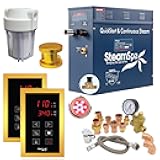 SteamSpa Executive 7.5 KW QuickStart ACU-Steam Bath Generator Package with Built-in Auto Drain and Install Kit Polished Gold, Steam Generator Kit with Dual Control Panel Steamhead 240V, (EXT750GD-A)