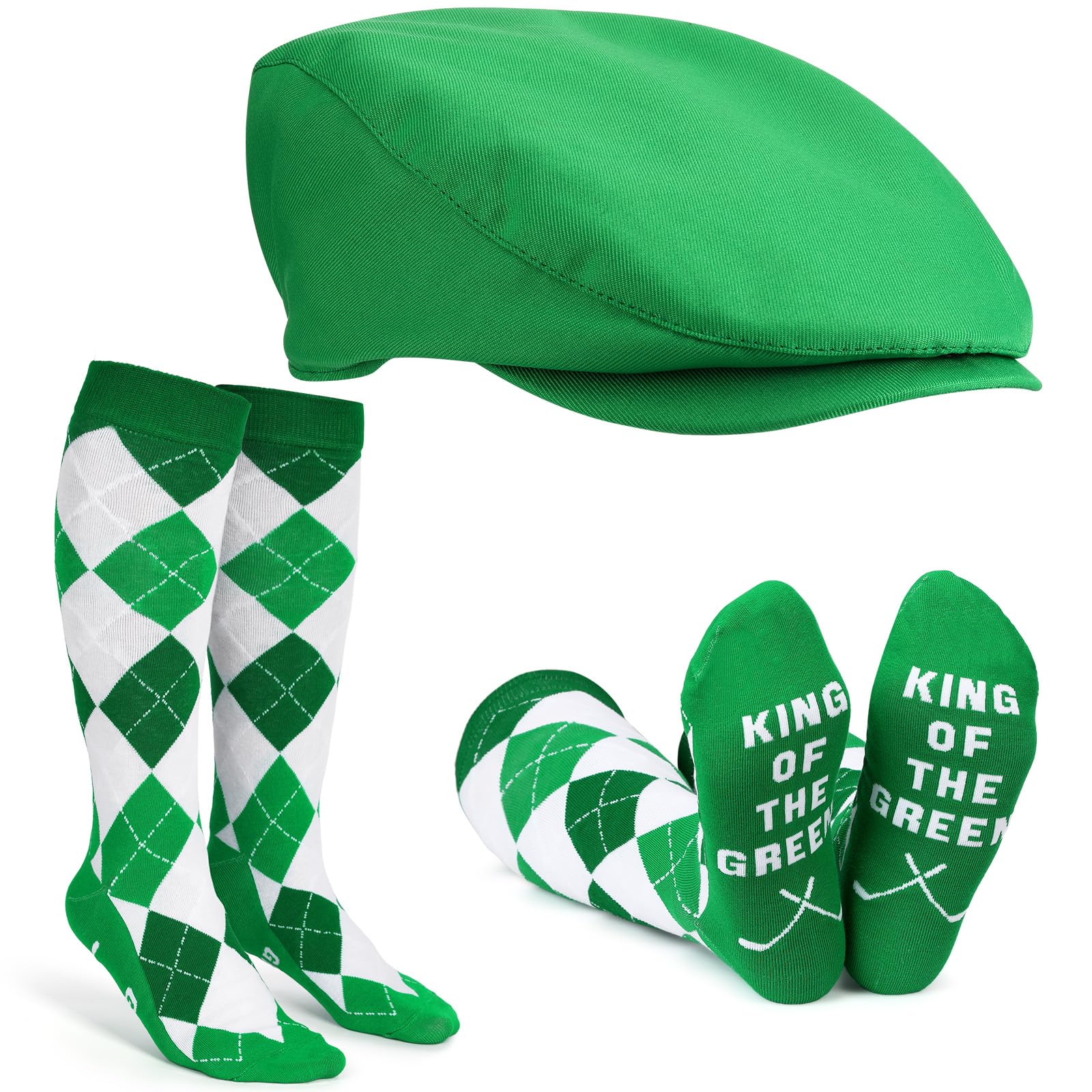Photo 1 of Bunnycool 2 Pcs Men Argyle Golf Socks Newsboy Hat Costume Accessories Golf Knee High Socks and Flat Cap Father's Day Tournament Gift(Green)