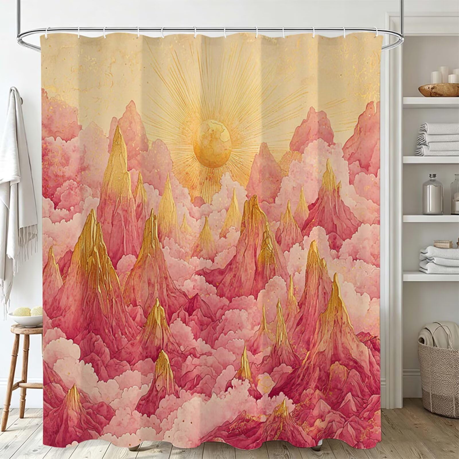 rose clair Rideau Douche 150x200cm Polyester Lavable en Machine Imperméable Rideaux de Douche sommet montagne avec œillets et 12 Crochets, Ourlet Lesté, pour Salle Bain Domicile Baignoire Cabine J-671