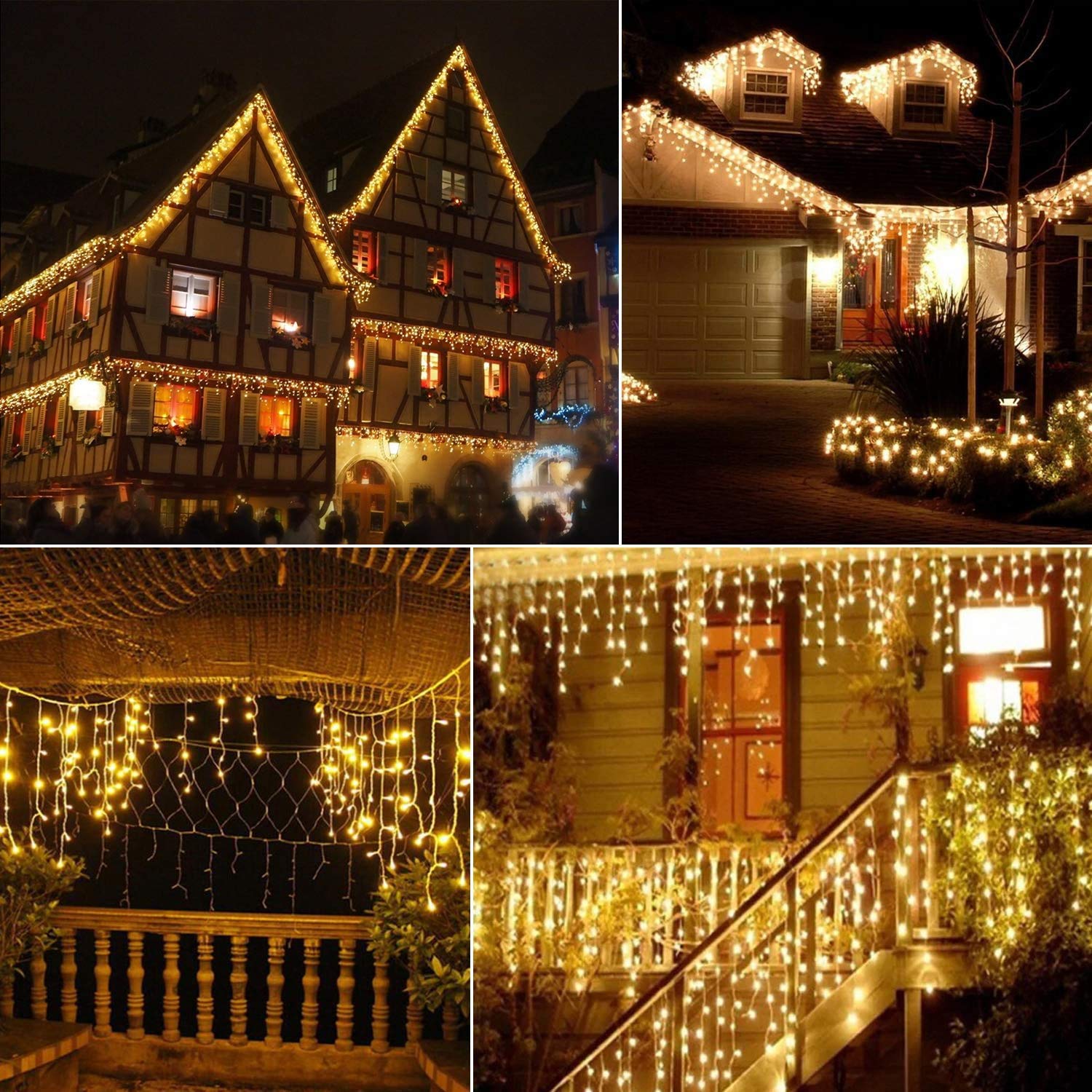 Led Eisregen Lichterkette Strom, 10m 400leds für Innen und Außen, GS geprüft, IP44, 8 Modi Lichtvorhang Mit Merkfunktion Fernbedienung Timer Für Zimmer, Traufe, Weihnachten, Treppe, Geländer
