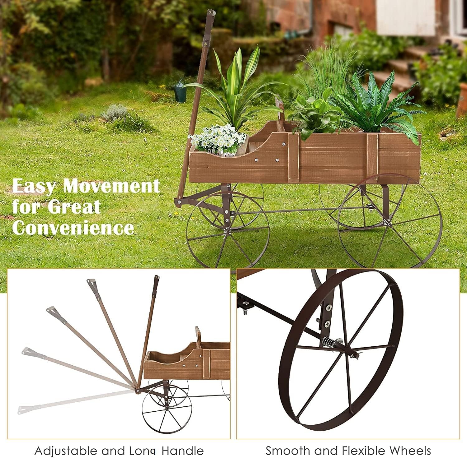 Goplus Wagon Planter, Decorative Wooden Garden Planter with Wheels, 2 Planting Sections and Adjustable Handle, Indoor Outdoor Backyard Balcony Decor (Brown)