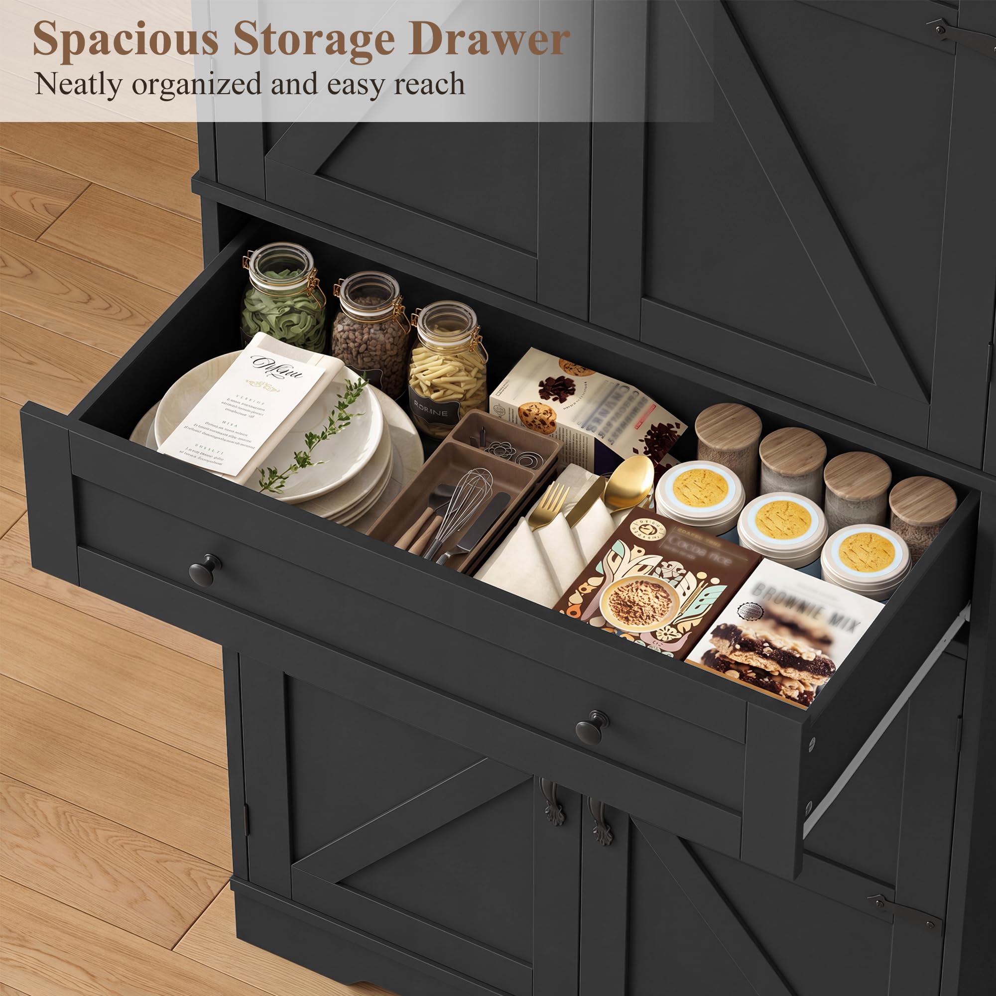 Küchenschrank, Buffetschrank Küchenbuffet mit 4 Türen und Schubladen, Vorratsschrank Hochschrank Küche mit 5 Staufächer für Küche, Wohnzimmer und Esszimmer (Schwarz)