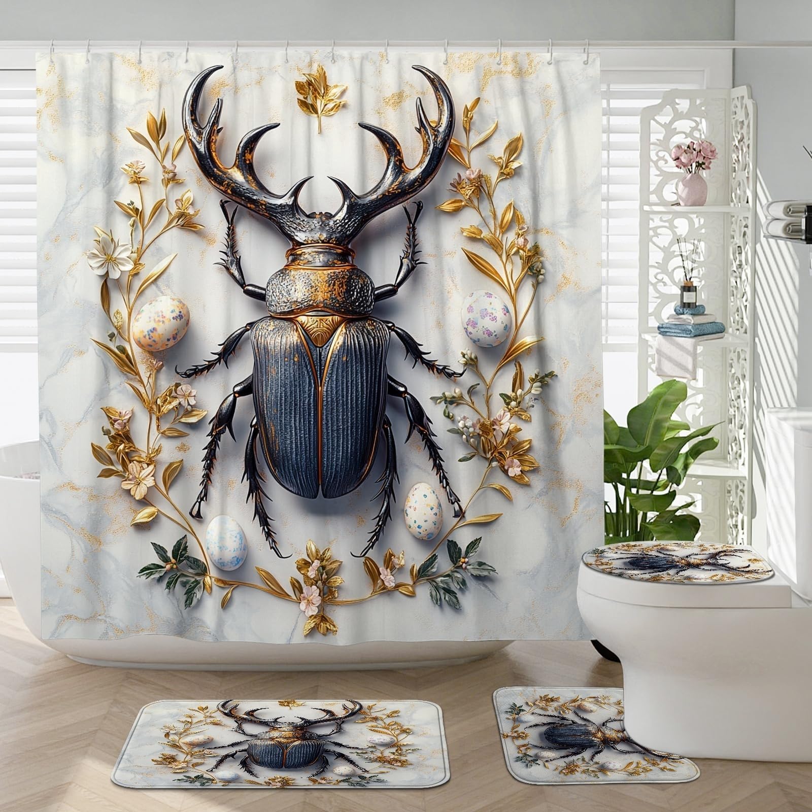 4PCS Spring Easter Stags Beetles Shower Curtain 72''x72'' with Hooks, Bathroom Accessory Sets with Bath Mat, U Shape Toilet Lid Cover Mat, Luxury Relief Eggs Bath Polyester Decor