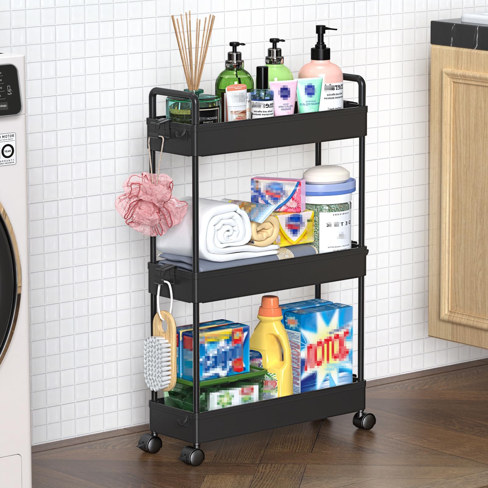 SOLEJAZZ 3-Tier Storage Trolley Cart Slide-out Slim Rolling Utility Cart Mobile Storage Shelving Organizer for Kitchen, Bathroom, Laundry Room, Bedroom, Narrow Places, Plastic, Black