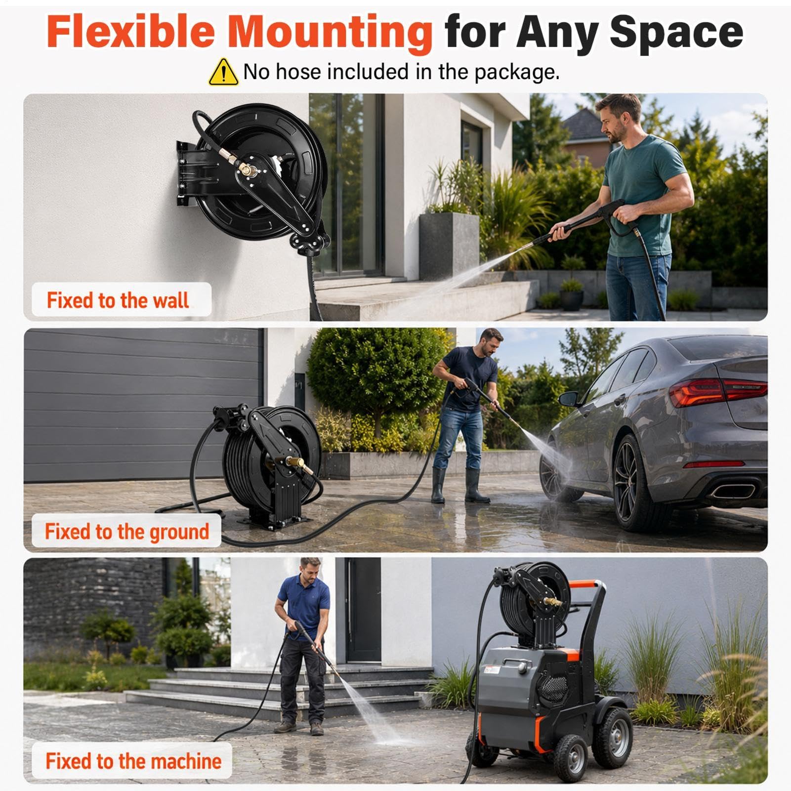 Carrete de manguera retráctil de alta presión de acero pesado retráctil automático de 15 m x 0,95 cm con manguera corta de 1,5 m, 4000 PSI con articulación giratoria de 360 grados