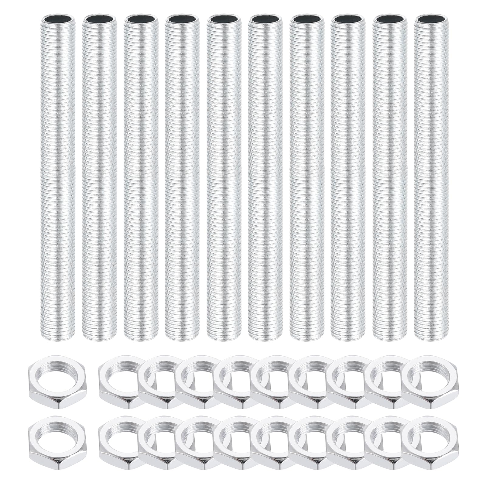 sourcing map 10Pcs 95mm Lamp Pipe Nipples Kit with Lock Nuts, M10x1 Fine All Threaded Hollow Tube Lamp Repair Hardware Fasteners for Chandelier Ceiling Lamps Assembly DIY, White Zinc