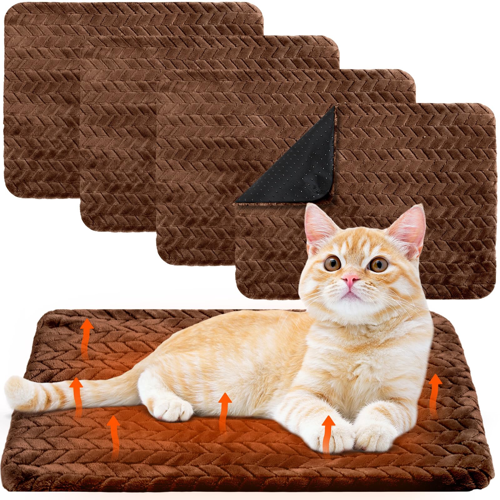 Drydiet Selbstheizende Katzenmatte, selbstwärmend, rutschfest, warm, waschbar, Hundehütte, Bettmatte, abnehmbarer Bezug, Katzendecke für drinnen und draußen, 4 Stück (dunkler Kaffee)