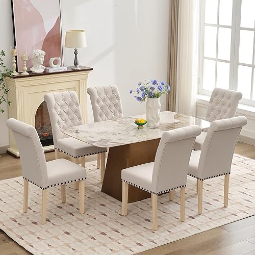 Miniatura 29 de LOULENS Juego de 2 sillas de comedor de tela, modernas sillas Parson tapizadas de lino con ribete de cabezas de clavos, botones acolchados, patas de